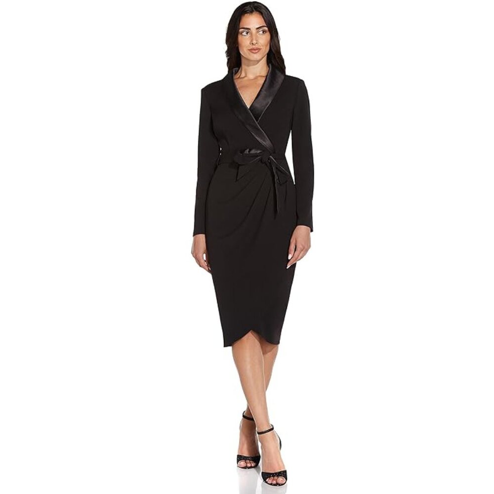 Adrianna Papell Black Satin-Trim Wrap Midi Dress